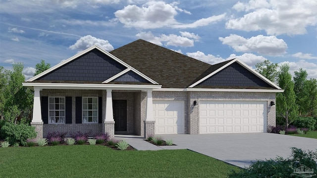 5526 Colinas Verde Dr, Milton, FL 32570 - craftsman house with covered porch, a front yard, brick siding, an attached garage, and driveway
