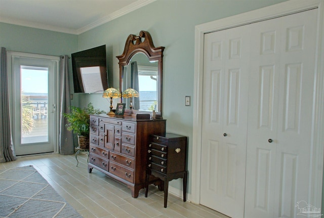 bedroom featuring a closet, multiple windows, and ornamental molding