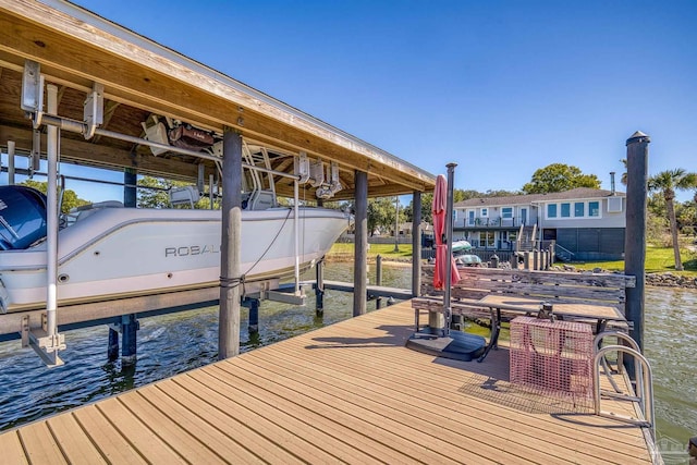 view of dock with a water view and boat lift