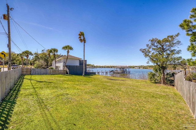 view of yard with a water view and a fenced backyard