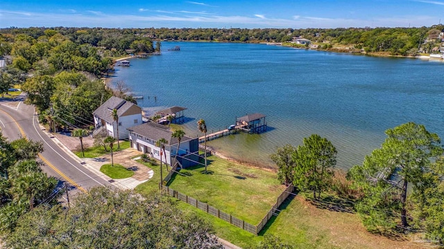 drone / aerial view with a water view