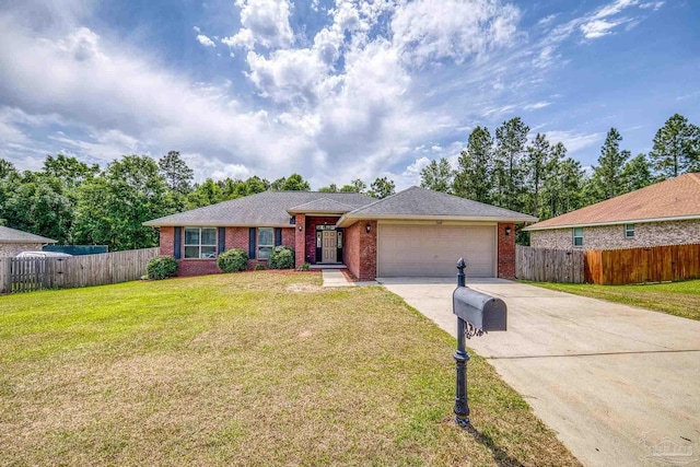 ranch-style house featuring brick siding, fence, driveway, and an attached garage