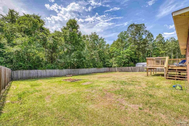 view of yard with a deck and a fenced backyard