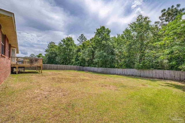 view of yard with a deck and a fenced backyard