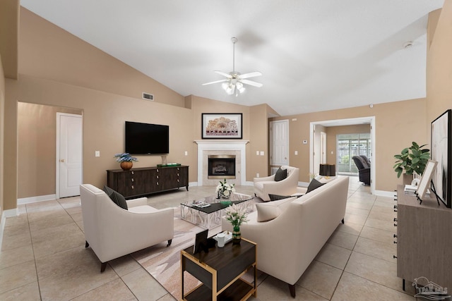 7850 Amethyst Dr, Pensacola, FL 32506 - living room featuring light tile patterned floors, ceiling fan, a fireplace, high vaulted ceiling, and baseboards