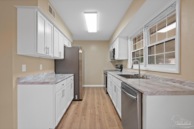 kitchen with visible vents, a sink, stainless steel appliances, light countertops, and white cabinets