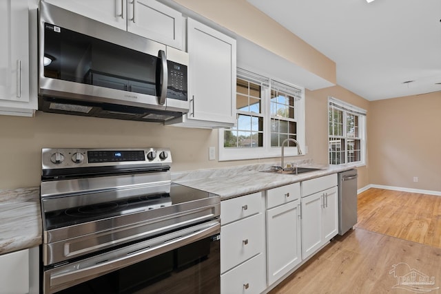 kitchen featuring white cabinetry, light wood-style floors, appliances with stainless steel finishes, and a sink