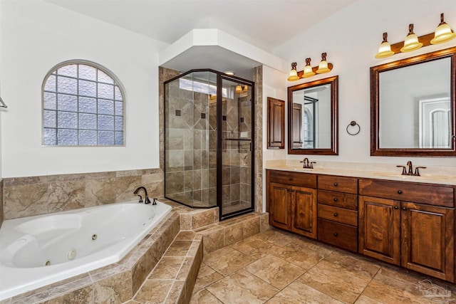 bathroom with vanity and plus walk in shower