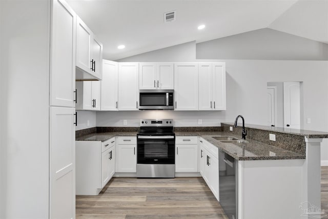 kitchen with lofted ceiling, sink, kitchen peninsula, and stainless steel appliances