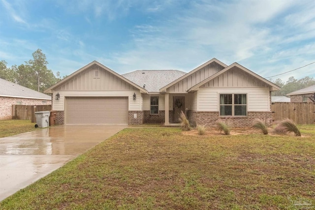 ranch-style home with driveway, fence, board and batten siding, an attached garage, and brick siding