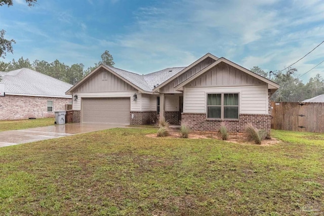 ranch-style home with a front lawn, board and batten siding, concrete driveway, a garage, and brick siding