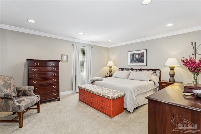 carpeted bedroom featuring crown molding