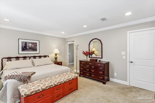 bedroom with light colored carpet and ornamental molding