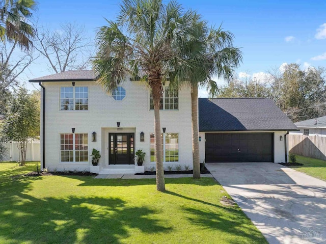 view of front facade with brick siding, fence, concrete driveway, a front yard, and a garage