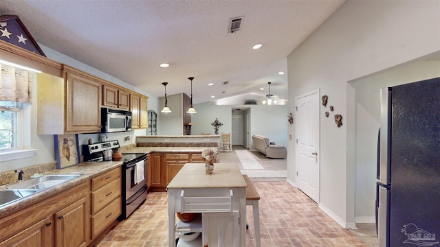 kitchen with stainless steel appliances, recessed lighting, lofted ceiling, a sink, and butcher block countertops