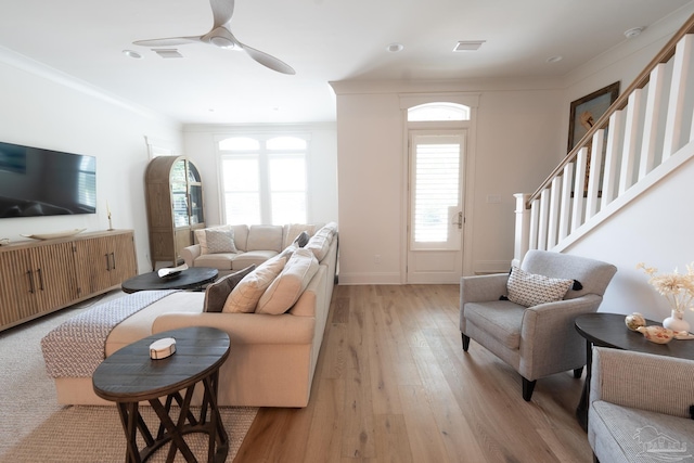 800 N Baylen St, Pensacola, FL 32501 - living area with light wood finished floors, ornamental molding, and a ceiling fan