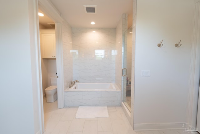 800 N Baylen St, Pensacola, FL 32501 - bathroom featuring a marble finish shower, toilet, a garden tub, marble finish floors, and recessed lighting