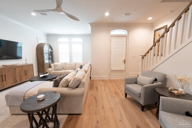 800 N Baylen St, Pensacola, FL 32501 - living room featuring stairs, light wood finished floors, ceiling fan, crown molding, and recessed lighting