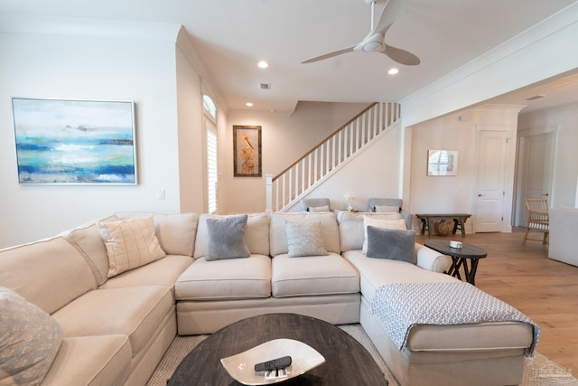 800 N Baylen St, Pensacola, FL 32501 - living room featuring light wood-type flooring, recessed lighting, ceiling fan, and stairs