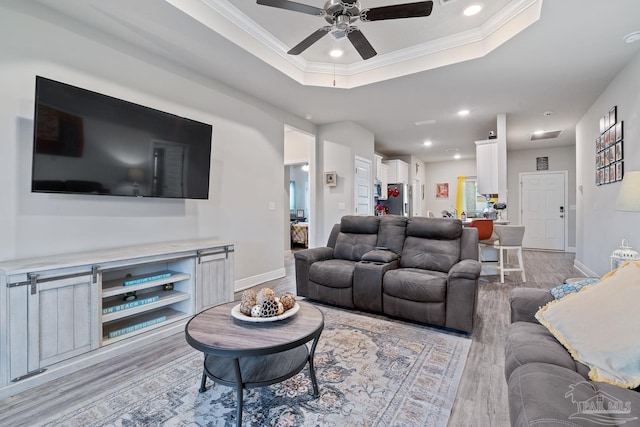 5323 Red Shoulder Rd, Pace, FL 32571 - living area featuring light wood-style flooring, ornamental molding, ceiling fan, recessed lighting, and baseboards