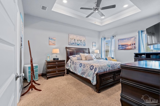 5323 Red Shoulder Rd, Pace, FL 32571 - bedroom featuring light carpet, ornamental molding, a raised ceiling, recessed lighting, and ceiling fan