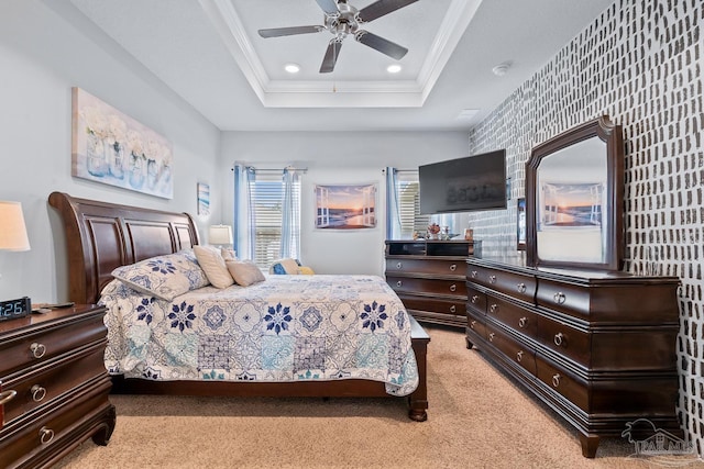 5323 Red Shoulder Rd, Pace, FL 32571 - bedroom with light colored carpet, a raised ceiling, ornamental molding, ceiling fan, and recessed lighting