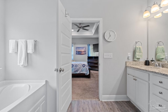 5323 Red Shoulder Rd, Pace, FL 32571 - ensuite bathroom featuring vanity, a tray ceiling, wood finished floors, baseboards, and a bath