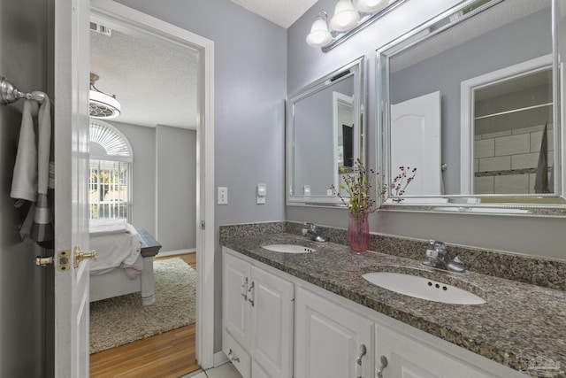 bathroom with vanity, wood-type flooring, and a textured ceiling