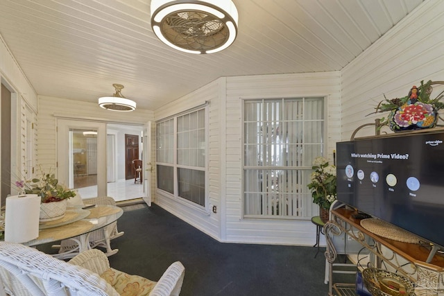 sunroom with wood ceiling