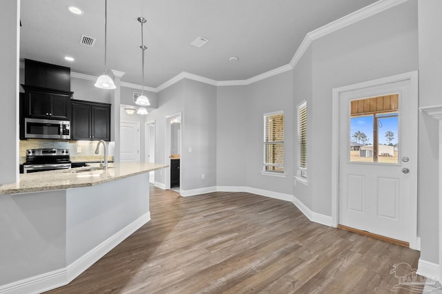 kitchen with appliances with stainless steel finishes, hardwood / wood-style floors, tasteful backsplash, hanging light fixtures, and light stone countertops