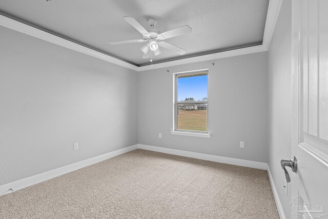 carpeted spare room with ornamental molding, ceiling fan, and a tray ceiling