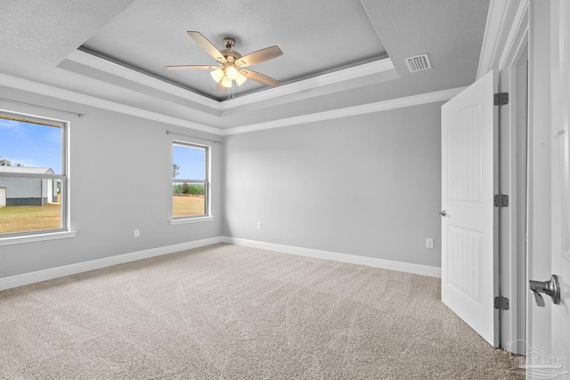 carpeted spare room with ceiling fan, plenty of natural light, and a raised ceiling