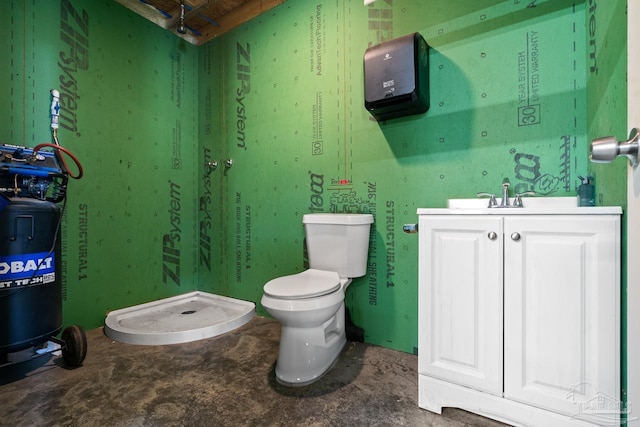 bathroom featuring concrete flooring, vanity, a shower, and toilet