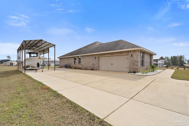 view of property exterior featuring a carport, a garage, central air condition unit, and a lawn