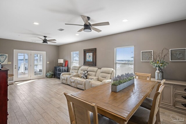 35868 Boykin Blvd, Lillian, AL 36549 - dining space with visible vents, ceiling fan, light wood-style flooring, and recessed lighting