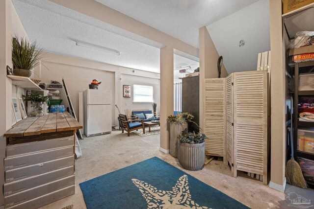 35868 Boykin Blvd, Lillian, AL 36549 - interior space featuring tile countertops, light colored carpet, a textured ceiling, and freestanding refrigerator