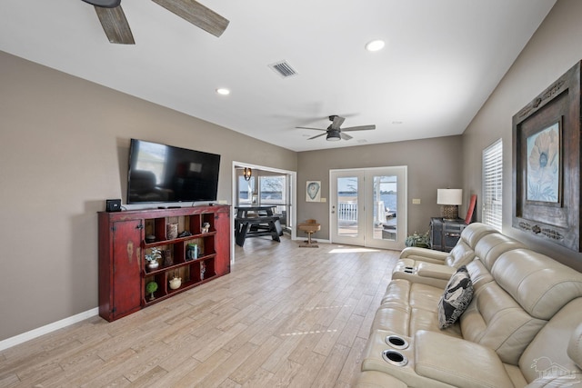 35868 Boykin Blvd, Lillian, AL 36549 - living area with recessed lighting, visible vents, light wood-style flooring, ceiling fan, and baseboards