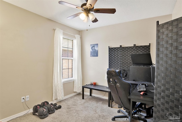 home office with ceiling fan and carpet flooring