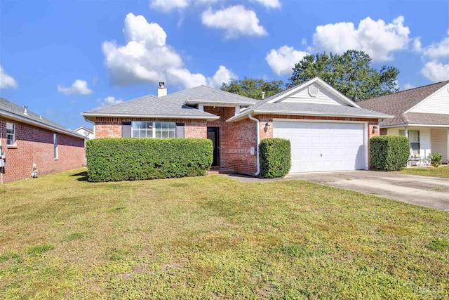 ranch-style house with a front yard and a garage