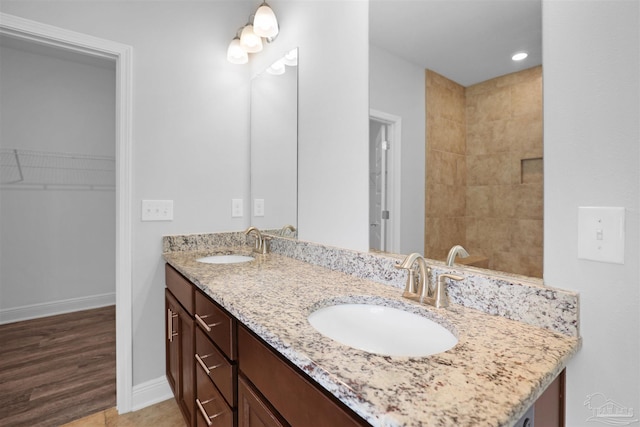 bathroom with wood-type flooring and vanity