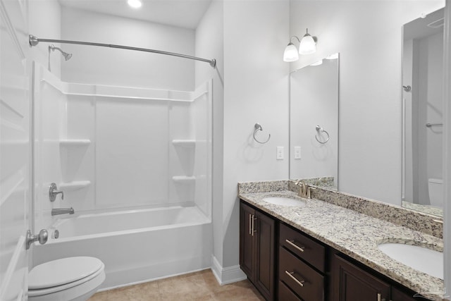 full bathroom with vanity, bathtub / shower combination, toilet, and tile patterned flooring