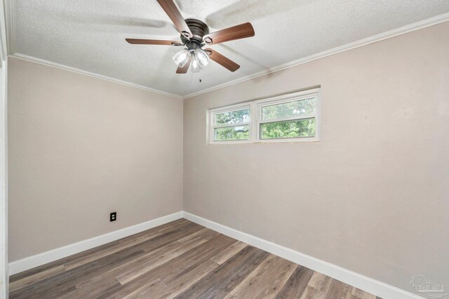 unfurnished room with wood-type flooring, ceiling fan, a textured ceiling, and crown molding