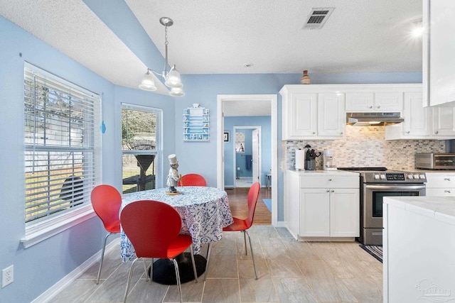 kitchen featuring under cabinet range hood, electric range, visible vents, and backsplash