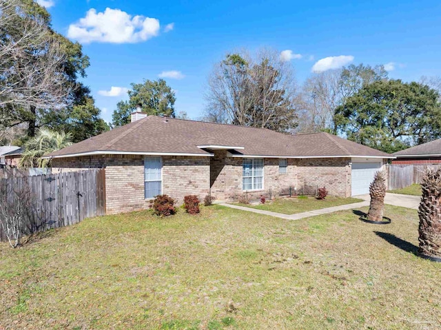 ranch-style house featuring brick siding, a chimney, an attached garage, fence, and a front lawn