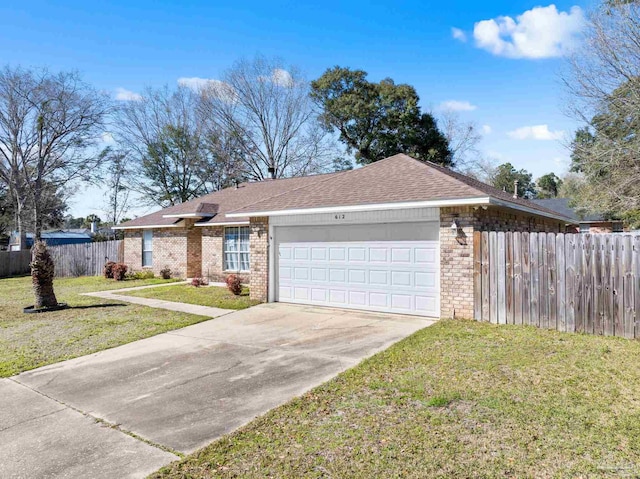 single story home featuring brick siding, fence, driveway, and a front lawn