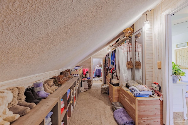 bonus room featuring wooden walls, carpet, and a textured ceiling