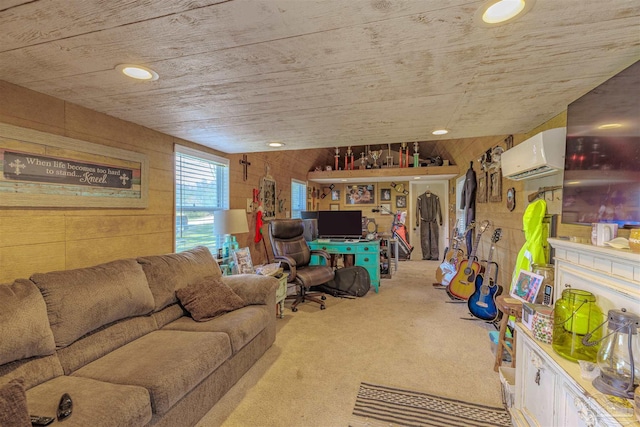 living area with recessed lighting, wooden walls, a wall unit AC, and carpet