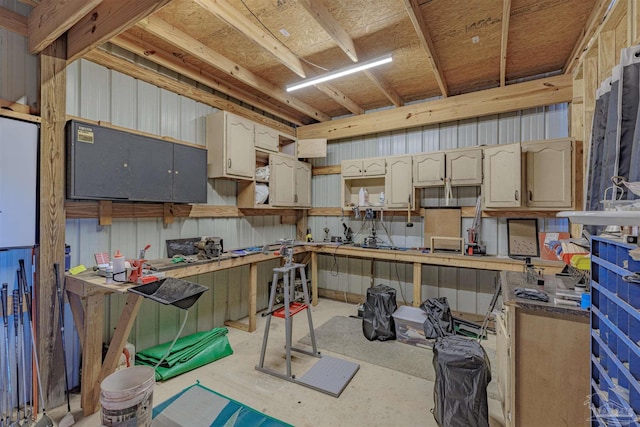 kitchen featuring concrete flooring and open shelves
