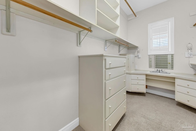 spacious closet with light carpet and a sink