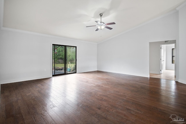 unfurnished room with crown molding, ceiling fan, and dark hardwood / wood-style floors